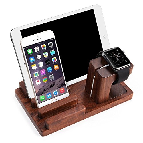 iPad iPhone Wooden Stand, Apple Watch Feitenn Bamboo Wood Charging Stand Desktop Station USB 2.0 Hub Bracket for iPhone 7 Samsung S8 LG G6 iWatch Ipad Kindle (Dark Brown)