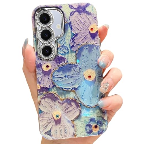 Image of VONZEE Samsung Galaxy S23 5G Case, Laser Flower Oil Painting Design, Cute Colorful Blue Ray Bumper, Full Camera Protection, Shockproof PC+TPU Glossy Shiny Protective Cover for Women & Girls, Green
