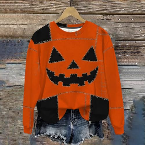 Women Halloween Sweatshirt Scary Pumpkin Face Colorblock Crew Neck Pullover - image 3