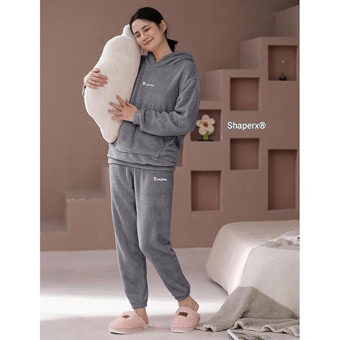 Image of SHAPERX Pajamas Set for Women With Hoodies Soft Comfy Fleece Pjs Pullover Pants Loose Plush Sleepwear Fuzzy Hoodies Loungewear for Winter Pack of 1