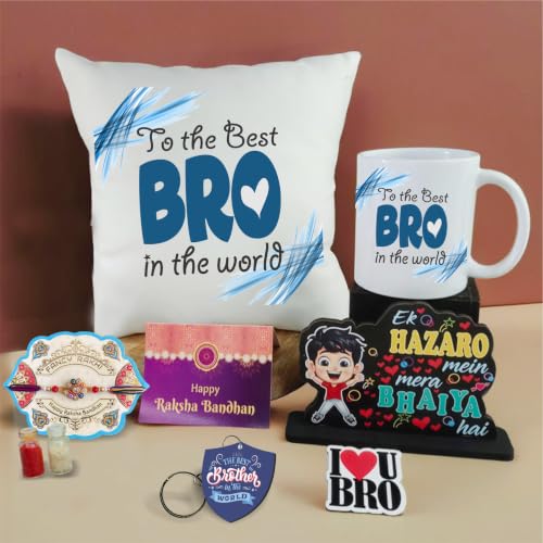 Image of PICRAZEE Rakhi Gift Combo for Brother | 12 inch Cushion, Mug, K-Ring, F-Magnet, Standee & Card