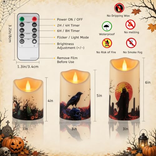 Image of Artmarry Halloween Flameless Candles 4 inch 5 inch 6 inch Set of 3 Outdoor Indoor | Pillars Battery Operated Flickering Candles with Cozy Climbing Flame Effect ,10-Key Remote Timer, Plastic LED Candles