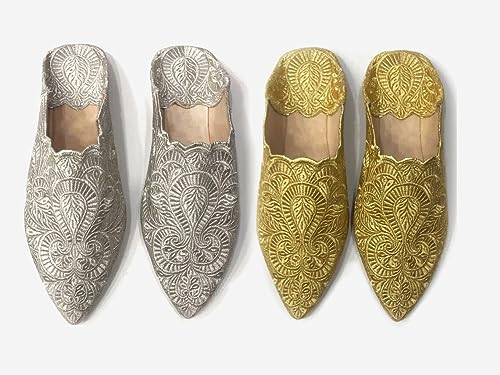 Traditional Moroccan babouche Slippers | Silver Slipper with sole | handcrafted Gold slippers for Women | Gray Slipper Gold shoes babouche (42 EU women's, Silver)3