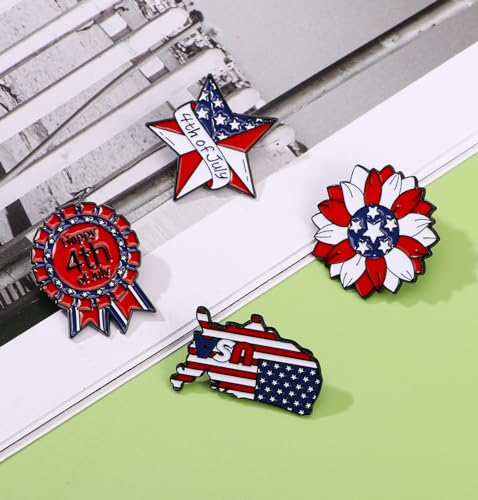Image of 4th of July Enamel Brooches Set for Women Men USA American Flag Star Firework Patriotic Lapel Pins Red White Blue Waving for Veterans Independence Memorial Day Decor Gifts-4PCS