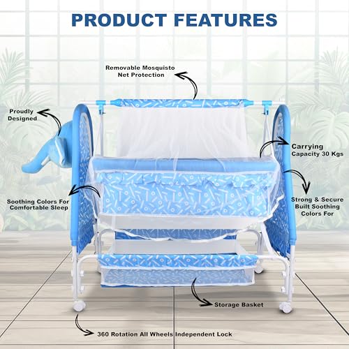 Image of Baby Cradle Swing with Polka Dot Pattern,Portable Foldable Design, Indoor Nursery Furniture (Blue 5)