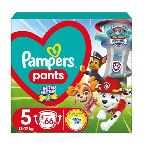 Pampers Pants Windel Größe 5 (12-17 kg), Hund Patrol Edition, 66 Stück, mit Stopp & Protect Anti-Leckage Back