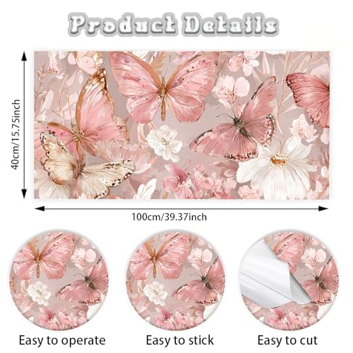 Image of Pink Butterfly Wall Decals, Watercolor Flower Peel and Stick Wallpaper for Girls Bedroom Nursery, Romantic Floral Mural for Mother's Day Home Decor, 39.37x15.75 Inch