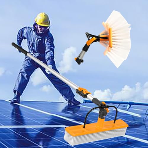 Kit de cepillo de limpieza de ventanas telescópicas, poste de la agua de la cabeza giratoria de 14 pulgadas, mango extensible de 3.6-9 pies con sistema de pulverización para paneles solares, ventanas
