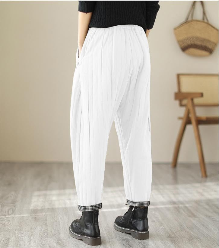 WROLEM Women Winter Warm Down Cotton Pants Thicker Padded Quilted Pants Relaxed Fit Wide Leg Trousers with Pockets - Image 3