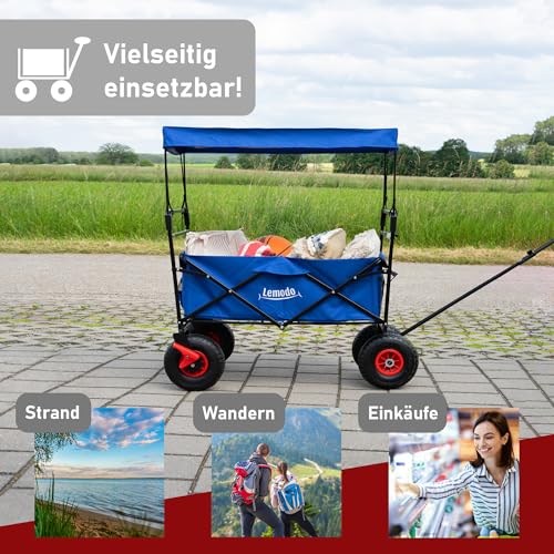 LEMODO Bollerwagen faltbar blau mit Dach, Handwagen mit Luftreifen, Leiterwagen mit 120 kg Tragkraft, Faltbollerwagen mit 2 Bremsen, Transportwagen für Hunde und Utensilien – Bild 6