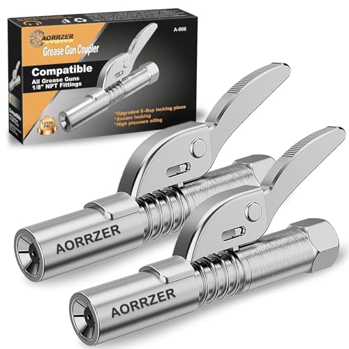 AORRZER Grease Gun Coupler 2 PCS, Strong Lock-on Greases Gun Couplers, 12000 PSI High Pressure Coupler Quick Release Grease, Durable and Compatible with All Grease Guns 1/8' NPT Grease Gun Fittings