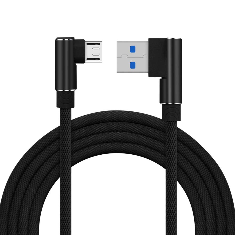 [i!] Cavo Micro USB In Nylon 2 Metri, Connettori A 90° - Ricarica Rapida 2.4A, Resistente E Robusto, Per Smartphone, Tablet, PS4, Nero