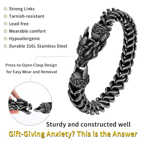 Viking Dragon Bracelet for Men, 316L Stainless Steel Cuban Link Chain 10mm Width, 8 Inch Length, Vintage Silver/Black/Steel/Gold, Punk Norse Jewelry Gifts for Him Husband3