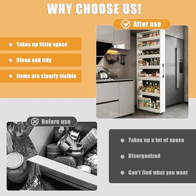 Slim Storage Cart,Rolling Spice Rack Next to Fridge Slim,Kitchen Rolling Cart,Narrow Storage Cabinet, Wood Storage Organizer,for Kitchen,Bakers,Pantry,Dining Room Dark Walnut 7.9¡Á21.6¡Á72.4in-MYPf07NR