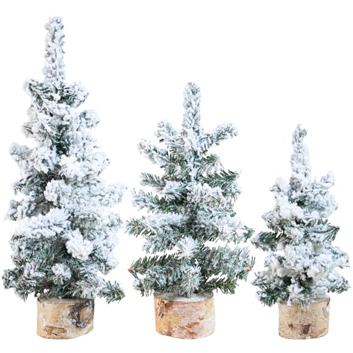Winlyn Set of 3 Mini Artificial Christmas Trees with Wood