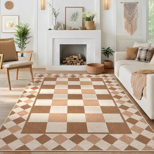 GarveeHome Easy Jute Rug 8x10 Washable Rugs for Living Room Bedroom Checkered Indoor Outdoor Rug for Patio Non-Slip No Shed Jute Rugs Geometric Carpet