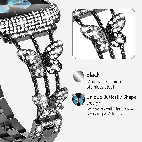 WINGLE Bling Band and Case for Apple Watch Band Women Series 11 10 42mm, Butterfly Diamond Metal Band Rhinestone Crystal Bracelet Jewelry Fancy Chain with Sparkle Screen Protector Case, 42 mm Black - image 2