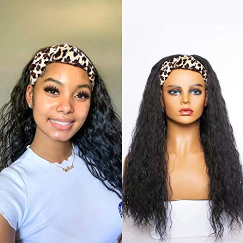 Synthetic Curly Headband Wigs for Black Women Synthetic Headband Wig with Headband Attached Synthetic Curly Wigs with Headband Turban Scarf Leopard Turban Wig for Daily Party Use(Natural Black Color)