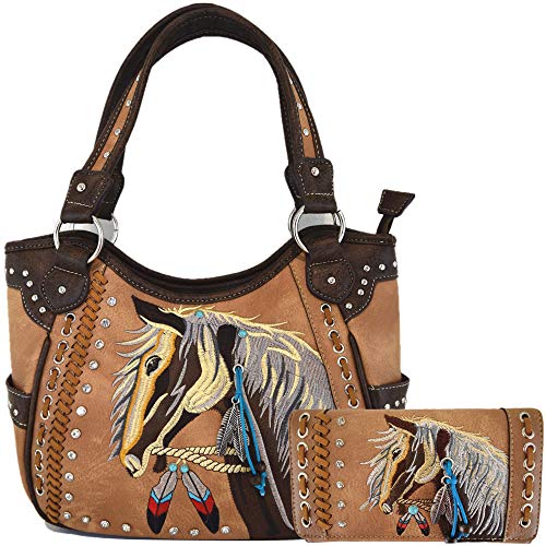 Image of Tooled Leather Laser Cut Western Style Horse Cowgirl Purse Country Totes Women Handbag Everyday Shoulder Bags Wallet Set