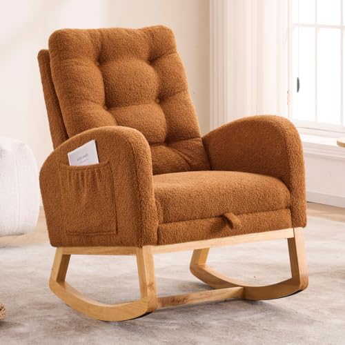 Image of Nursery Rocking Chair with Foot Rest, Teddy Upholstered Glider Chair with Side Pocket, Comfy Rocker Accent Armchair, Modern High Back Rocking Chairs for Living Room, Bedroom, Caramel
