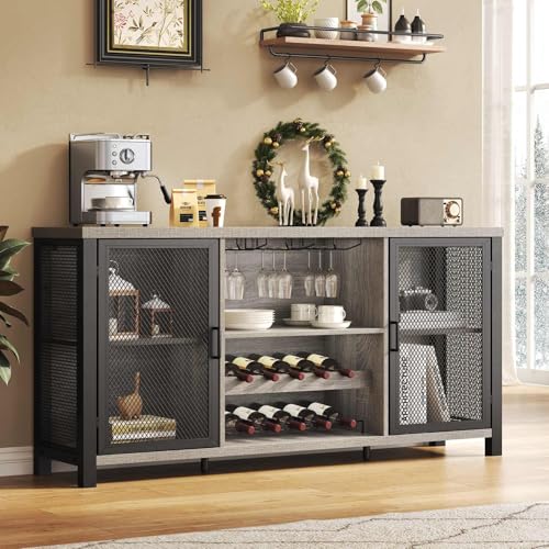 Launica Industrial Coffee Bar Cabinet, Sideboard Buffet Cabinet for Liquor and Glasses, Rustic Wine...