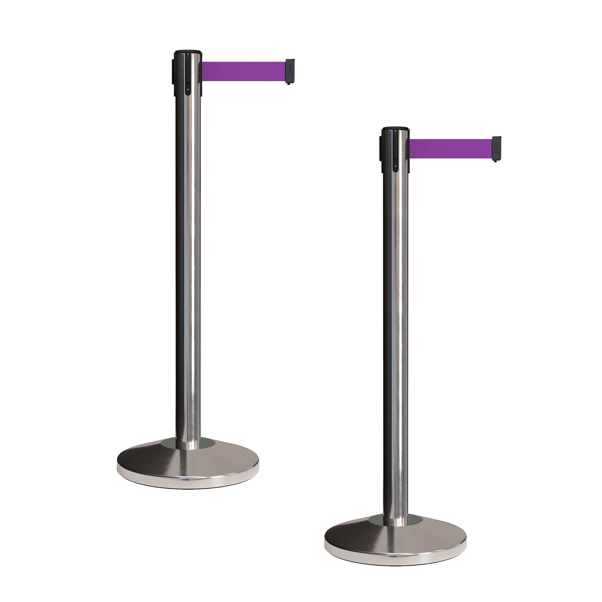 CCW Set of 2 Retractable Belt Barriers Stanchion, Polished Stainless Steel Post, RBB-100 (9 Foot Belt, Purple Belt)