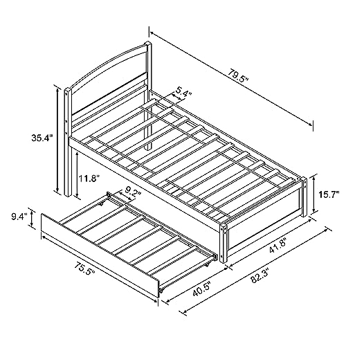 Image of Xilingol Trundle Bed Twin, Solid Wood Bed Frames with Headboard and Wooden Slats Support, Twin Trundle Bed Frame Roll Out, Single Box (No Box Spring Needed)