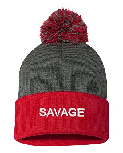 Go All Out One Size Dark Heather Grey/red Pom Savage Embroidered Knit Beanie Pom Cap