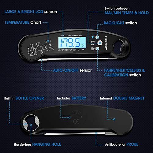Airmsen Digital Instant Read Meat Thermometer with 4.7” Folding Probe, 2S Best Ultra Fast Waterproof Kitchen Food Cooking Thermometer with Bottle Opener for Barbecue Carnival Night!