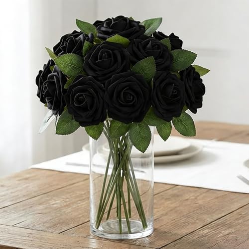 Image of 100Pcs Real Looking Black Artificial Rose Flower Heads, Foam Fake Roses for DIY Wedding Decorations Baby Shower Centerpieces Home Party Valentine's Day Mother's Day Decor