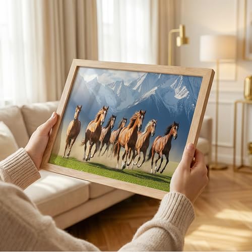 Image of Suneree 7 Horse Vastu Wall Painting - Running Horses Mountain Landscape Framed Wall Art for Living Room & Office Decor (Natural, Design 08, 13x19 Inch)