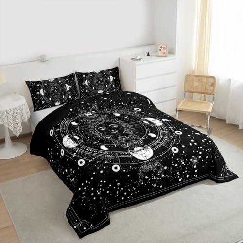 Image of Feelyou Sun Moon Comforter Queen Size Black White Psychedelic Constellation Comforter Set Boho Exotic Mandala Bedding Set Galaxy Astrology Space Duvet Set Soft Chic Mystic Star Room Decor Quilt Boys