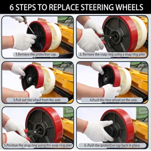 Image of Set of 2 Pallet Jack Steering Wheels (7 inch x 2 inch) Red Polyurethane on Steel Hub - Heavy Duty Replacement Parts with Pre-Installed Bearings, Axles & Fasteners - Fits Most Pallet Trucks
