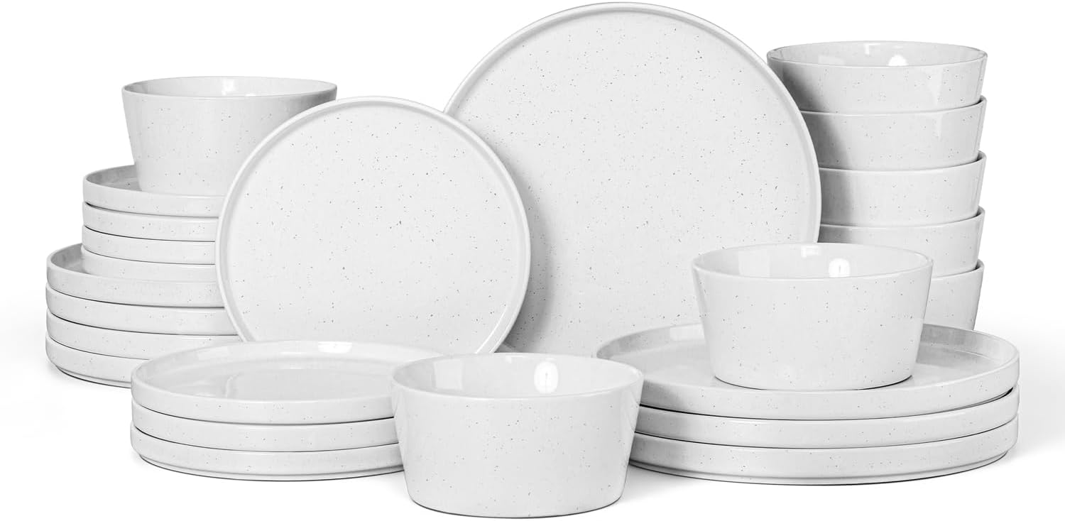Herogo 24 Pieces Dinnerware Dishes Set for 8, Handmade Stoneware Dining Plates and Bowls Sets, Double Reactive Glaze, Microwave & Dishwasher Safe, Scratch Resistant, Pearl White 24 Speckled White
