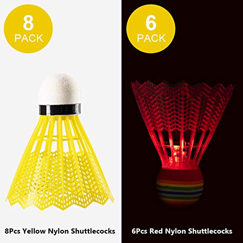 meidong Nylon Badminton Shuttlecocks 14-Pack (6Pcs Red LED Glowing Badminton Birdies & 8Pcs Yellow Non-LED Shuttlecocks) with Great Stability and Durability for Indoor Outdoor Sport