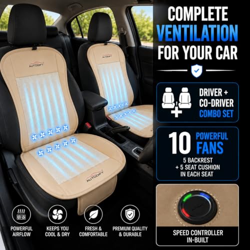 Image of Car Ventilated Cooling Seat Cushion Cover with 10 Powerful Fans & 3 Adjustable Cooling Levels, Breathable Fabric + Beige Leather Universal Fit for All Cars, Large Airflow