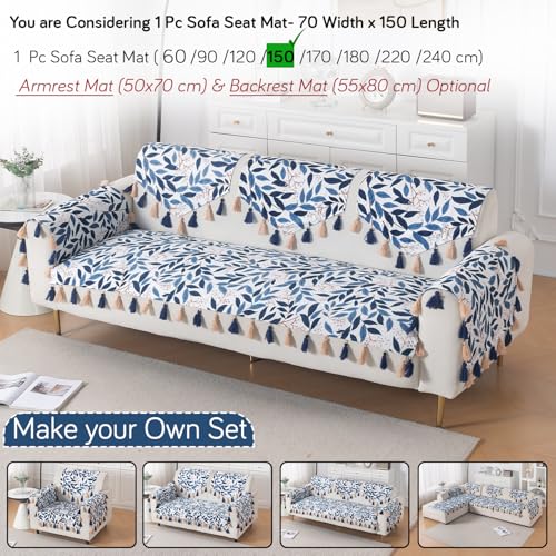 Image of HOKIPO Sofa Cover Mat with Tassel for 1 /2 /3 Seater & L Shape Sofa | DIY Sofa Cover Set | Digital Printed Holland Velvet | 'Whispers of Nature' | 70(W) x 150(L) cm | Indigo Foliage (IN-1120-D10)