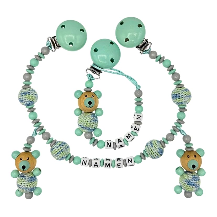 Set Nuckelkette + Kinderwagenkette mit Namen " 3D - BÄR MIT HÄKELKÖRPER " Mint Hellgrau/Baby/Unisex/Personalisiert/HANDMADE