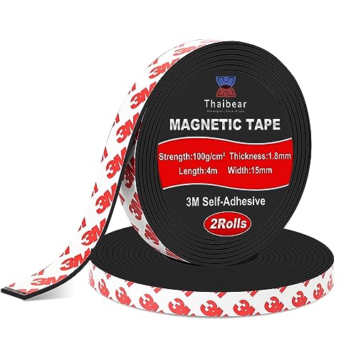 Thaibear Lot de 2 rouleaux de ruban magnétique autocollant avec dos adhésif 3M (15 mm de large x 4 m de long), parfait pour le bricolage, les projets artistiques