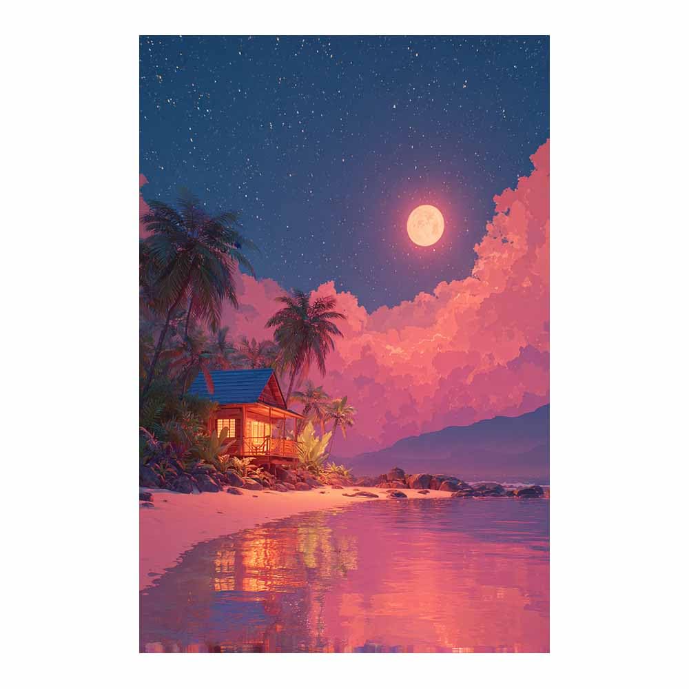 HOQIU Vintage wall art Moonlit Beaches es Cabin decorative painting, wall art, for Living Room Bathroom Bedroom Kitchen Decoration.(Multicolor)-40x60cm Unframed