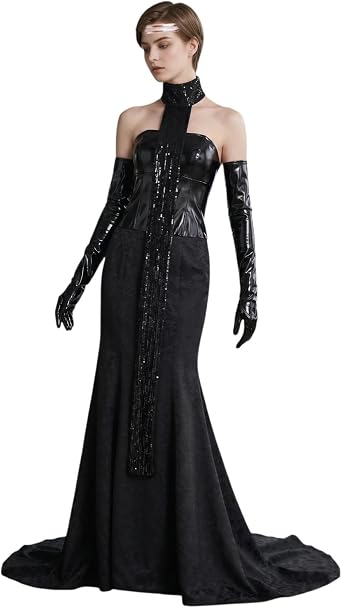 Womens Queen Costume Black Dress Vintage Maxi Cosplay Outfits Halloween Dress up