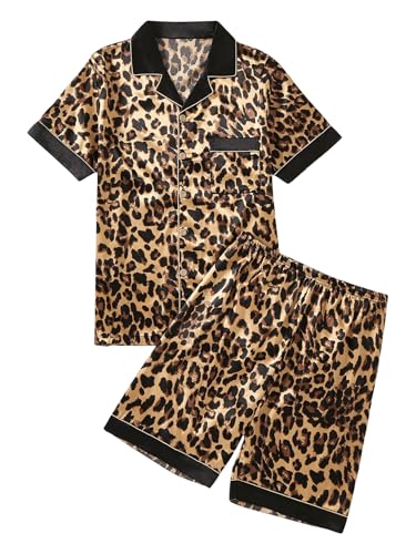 WDIRARA Men's 2 Piece Leopard Print Satin Pajama Set Button Down Short Sleeve Shorts Loungewear Sets