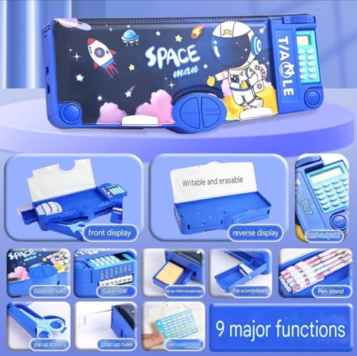 Image of Royals hub Astronaut Magnetic Multifunctional Pencil Box, Cute School Compass for Kids, Buttons Operated Geometry Pencil Box Kids Include Calculator-Scissor-Ruler-Eraser-Sharpener (Blue Space)