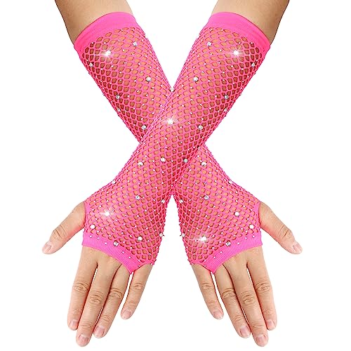 Yolev Luvas longas de rede de diamantes de imitação sem dedos, luvas de rede com purpurina brilhante para fantasia de festa dos anos 80, Rosa vermelha