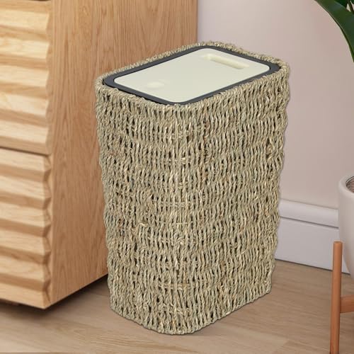 Image of Trongee Boho Trash Can with Lid,3 Gallon Small Rattan Trash Can with Press Top Lid,Slim Wicker Waste Basket and Hamper 2 in 1 for Bathroom,Seagrass Woven Garbage Can Trash Basket for Bathroom,Kitchen
