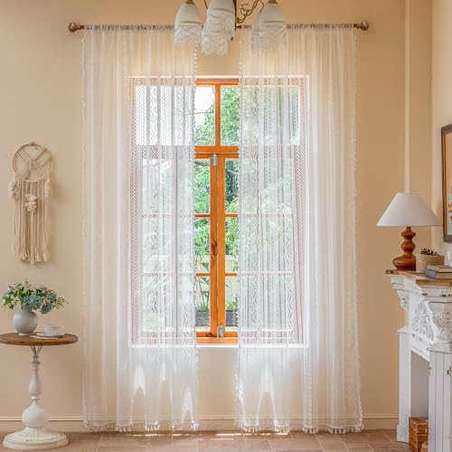 Image of MYSKY HOME White Lace Sheer Curtains 84 Inch Long 2 Panels Vintage Floral Bohemian Crochet Geometry Striped Light Filtering Privacy Rod Pocket Drapes with Tassels for Living Room Bedroom, 55 inch Wide