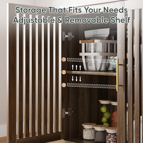Image of Smart FENDEE 63 inch Long Sideboard Buffet with 4 Slatted Doors, Farmhouse Buffet Storage Cabinet with Adjustable Shelf, Coffee Bar Cabinet for Entryway, Kitchen, Dining Room, Living Room, Walnut Color