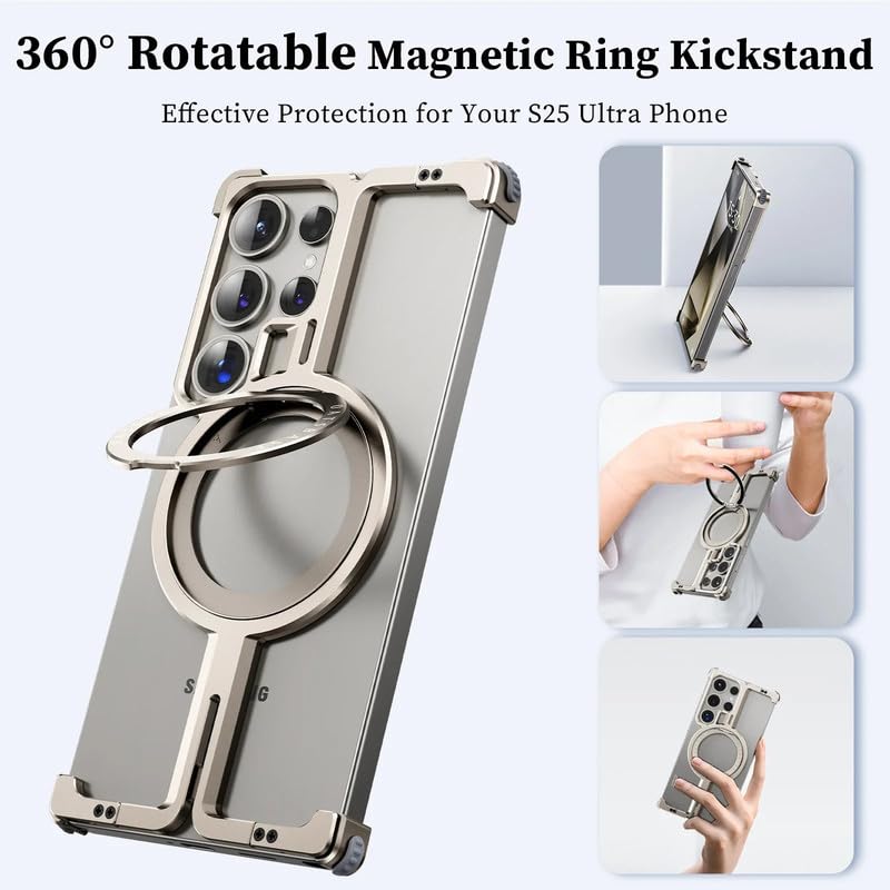 Image of Frameless 360 Rotatable Ring Metal Bumper Case with Kickstand for Samsung Galaxy S25 Ultra Case Compatible with Mag Charging | Luxury Aluminum Armor | Slim Premium Metal (Dessert)