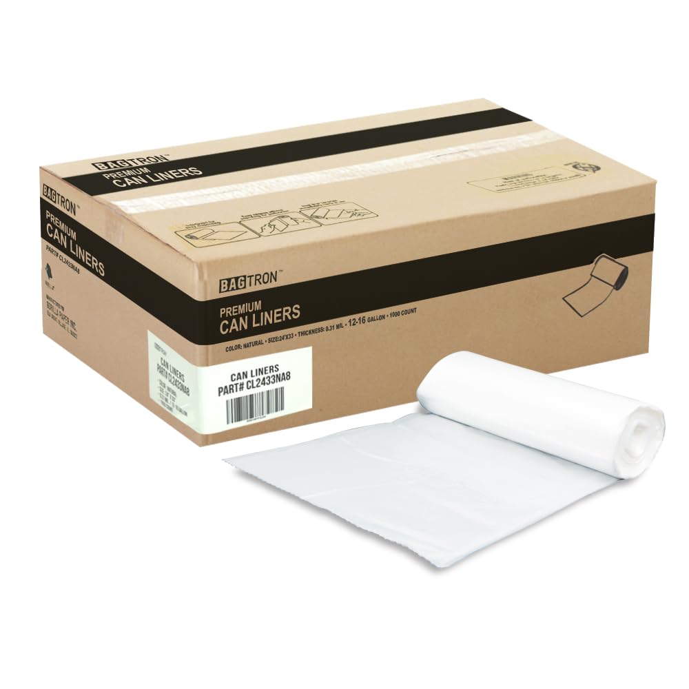 Bagtron 12-16 Gallon Trash Bags, 8 Micron High Density Garbage Can Liners Bulk, 24