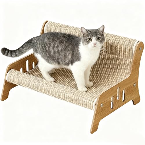 猫 ソファーベッド ペットベッド 猫用ラタンハンモックベッド 耐荷重7.5KG サイザル麻 木製 編み込み座面 組み立て簡単 ペットの装飾 通気 ソファー 寝床 猫用リラクゼーションチェア 小型 中型 大型猫 小型犬兼用(52*30*40CM)